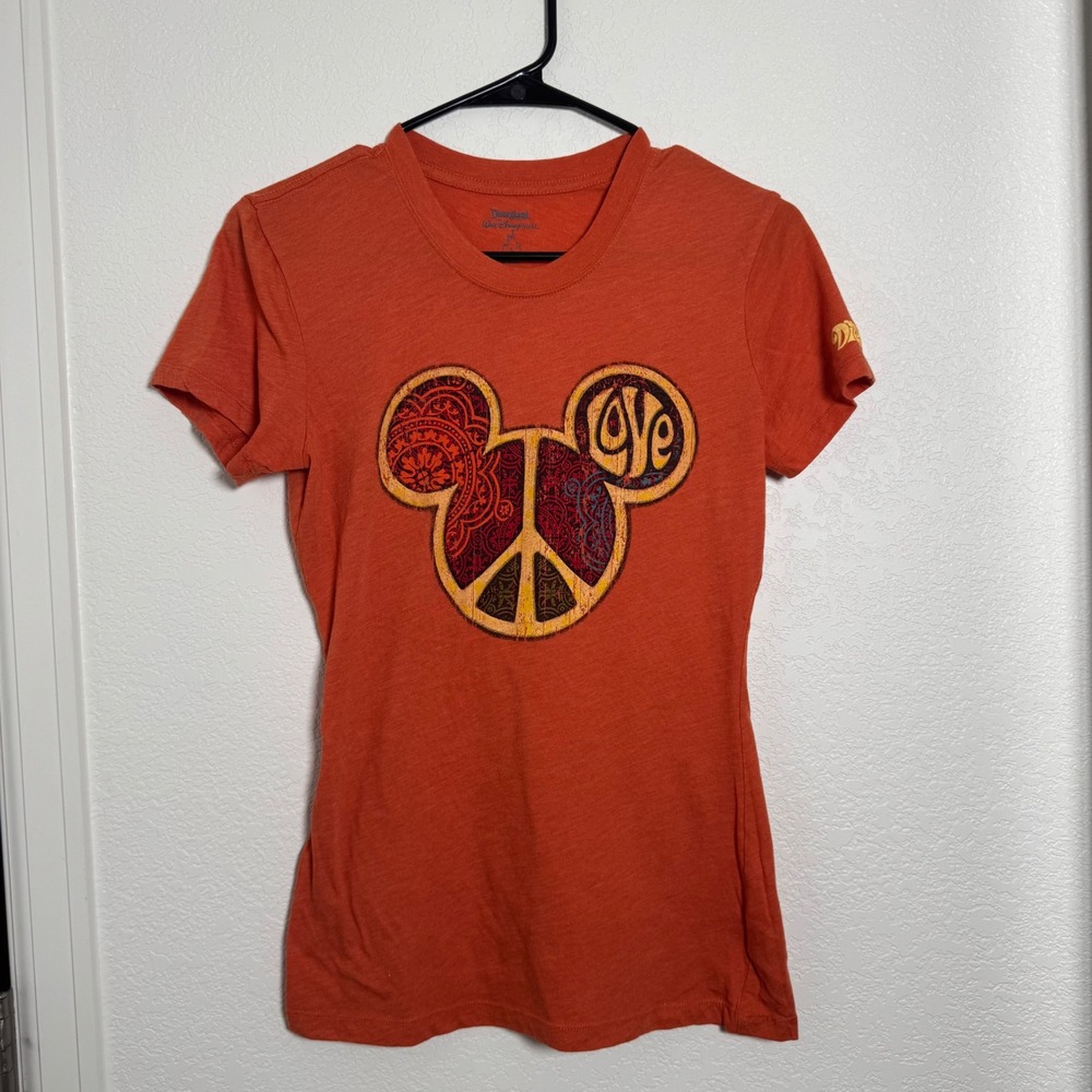 Disneyland Resort T-Shirt Womens Small Orange Mickey Peace Love Paisley Graphic